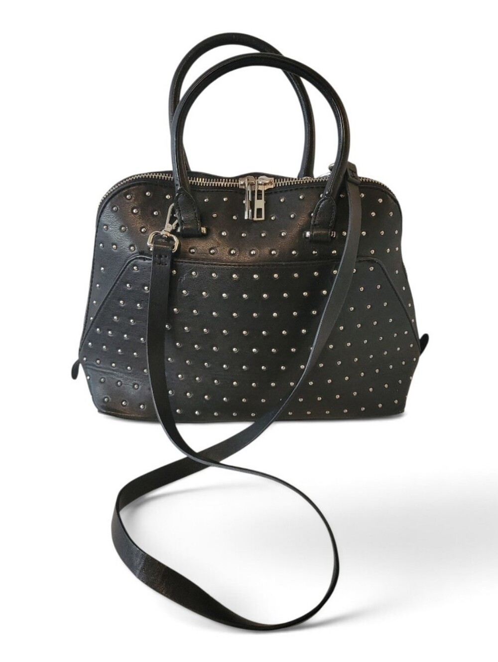 Zara Studded Black Faux Leather Satchel Bag